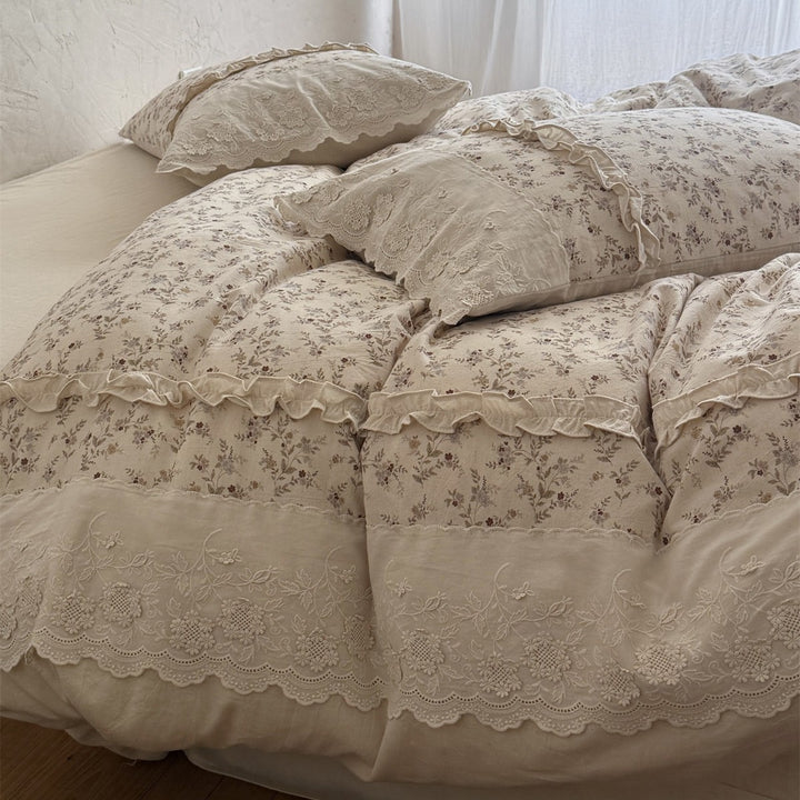 Rüsch Floral Leinen-Baumwolle Bettbezug Set mit Spitzenbesatz