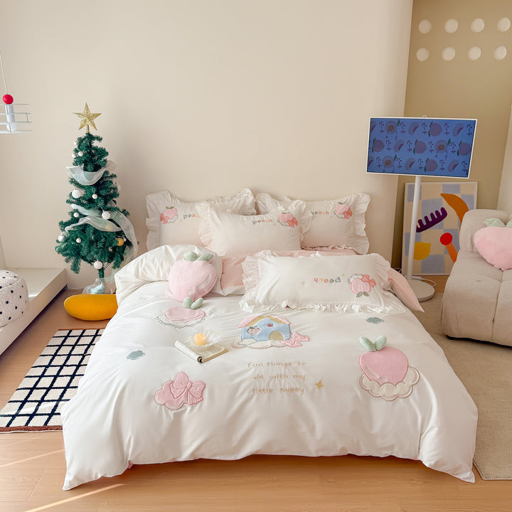 Embroidered Peach Appliqué Ruffled Duvet Cover Bedding Set with Decorative Pillow Shams