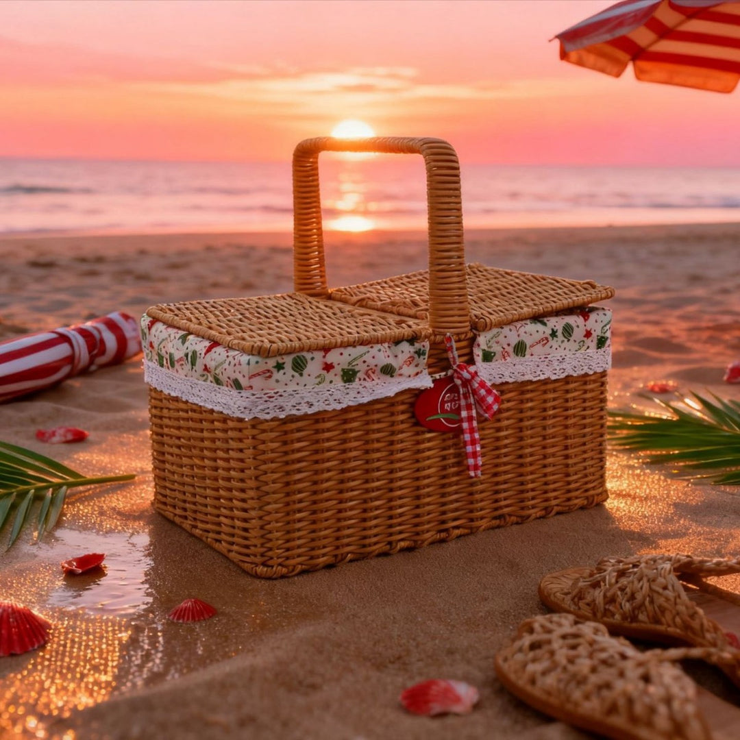 Damen Picknickkorb mit elegantem Stoffbesatz und praktischen Tragegriffen Karnz