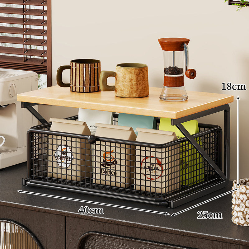 Küchenarbeitsplatte Kaffee Station Organizer mit Holzoberfläche und Metalldrahtkorb