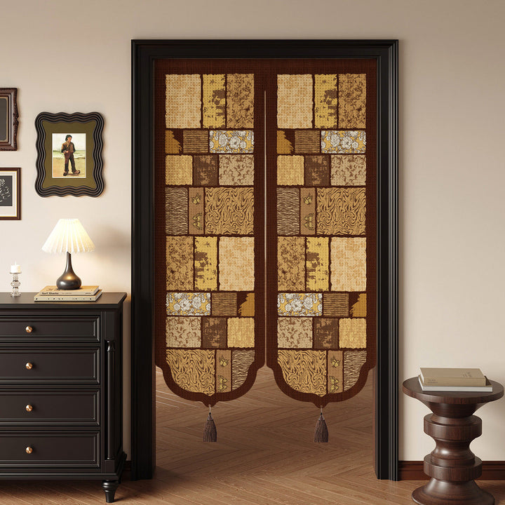 Botanical Patchwork Split-Panel Noren Doorway Curtain with Weighted Tassels