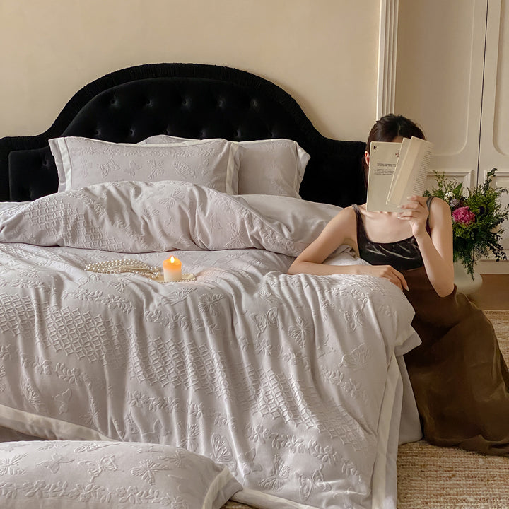 Quilted Embossed Butterfly Cotton Duvet Cover Set with Piped Edge