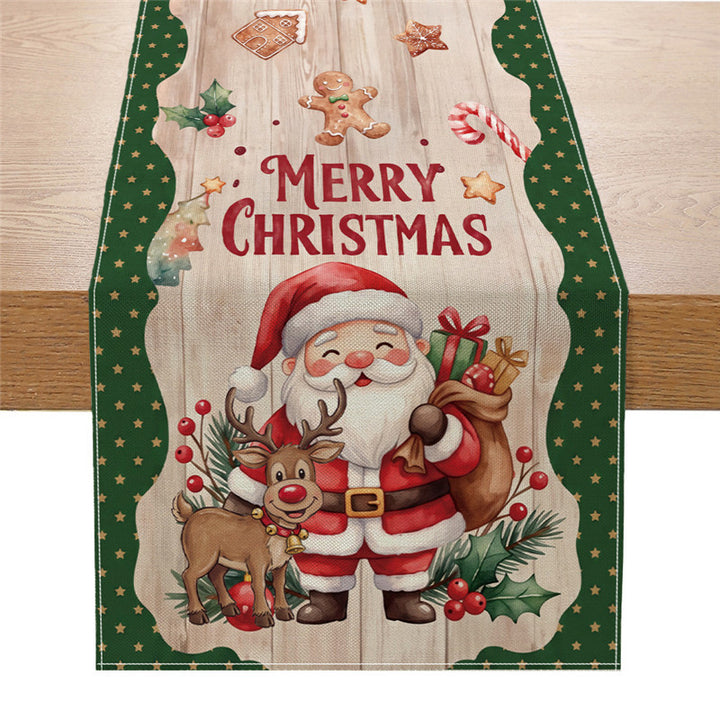 Festlicher Weihnachts-Tischläufer mit Santa, Schneemann & Rentier-Illustration