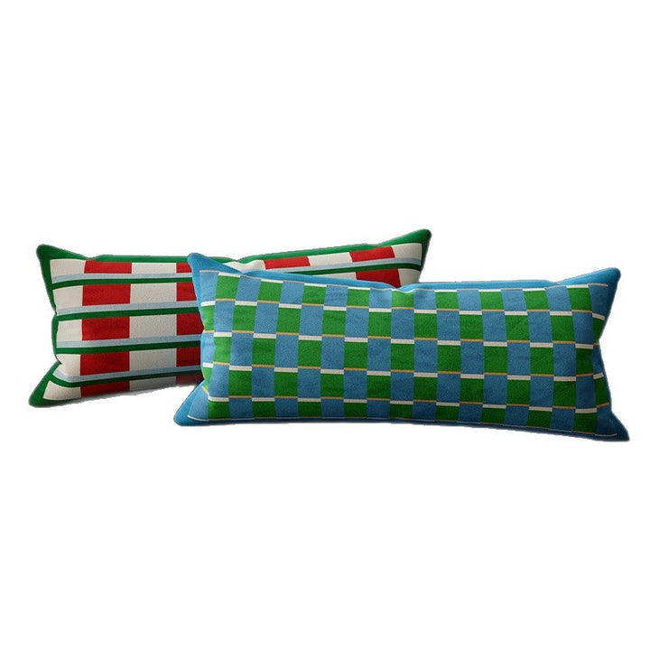 Long Lumbar Velvet Pillow Cover with Checkerboard Textured Panel and Hidden Zipper