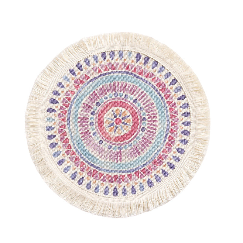 Runder flachgewebter Baumwoll-Teppich mit Mandala-Motiv und dekorativen Fransen Karnz