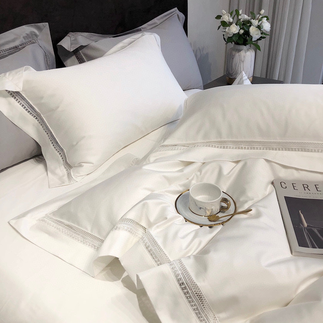Seidig Baumwolle-Satin Hemstich Bettdeckenbezug Set mit maßgeschneiderter Bettschürze & Oxford Kissenbezügen