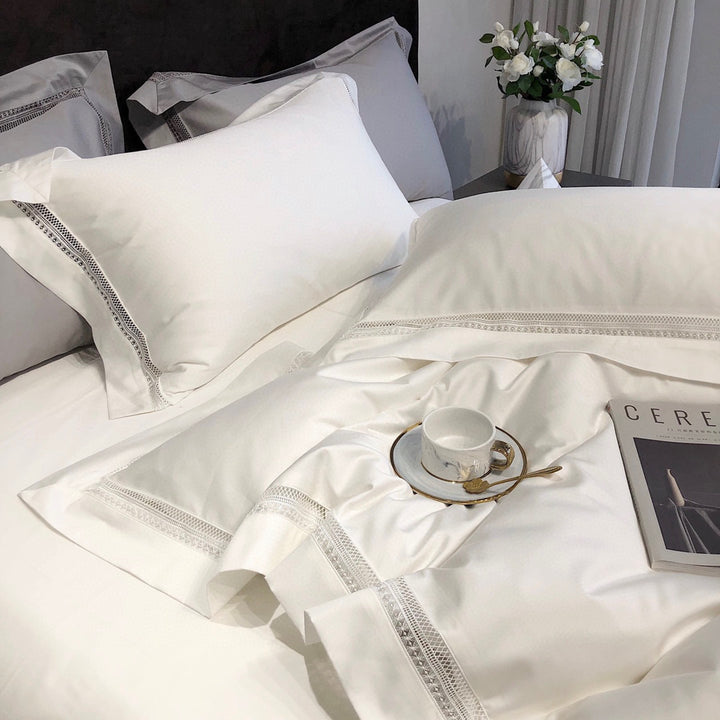 Seidig Baumwolle-Satin Hemstich Bettdeckenbezug Set mit maßgeschneiderter Bettschürze & Oxford Kissenbezügen