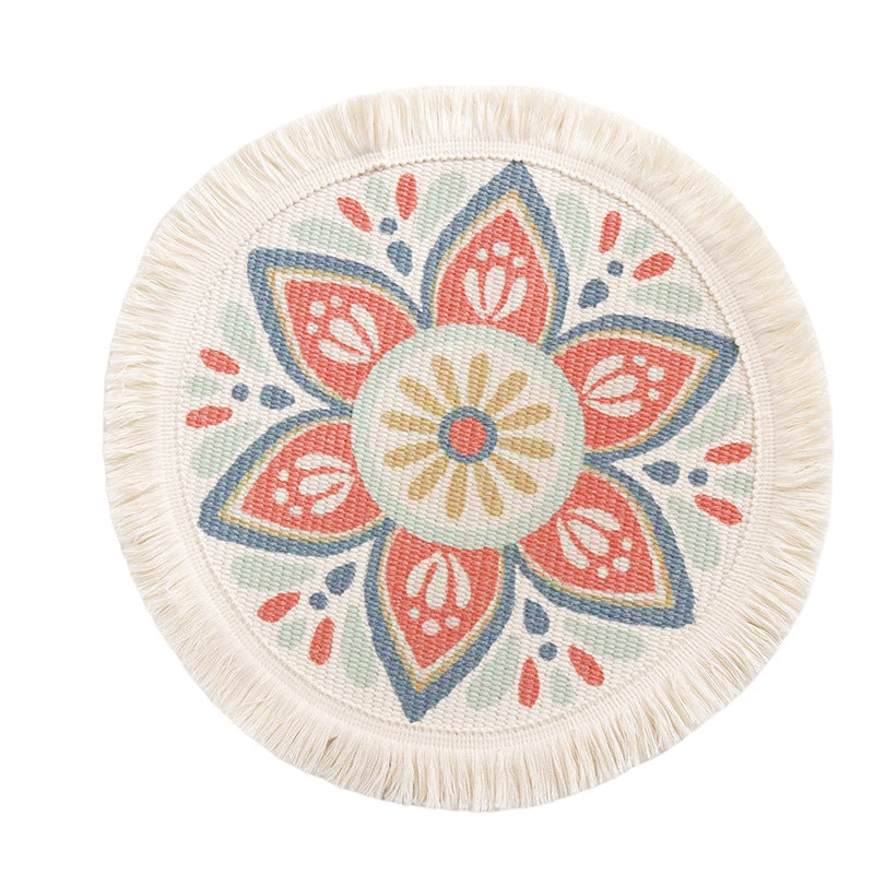 Runder flachgewebter Baumwoll-Teppich mit Mandala-Motiv und dekorativen Fransen Karnz