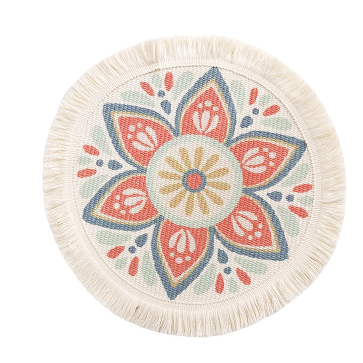 Runder flachgewebter Baumwoll-Teppich mit Mandala-Motiv und dekorativen Fransen Karnz