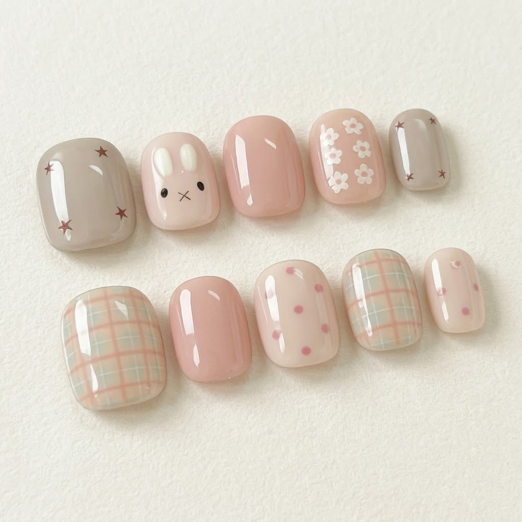 Künstlerisches Press-On-Nagelset mit floralen und geometrischen Designs