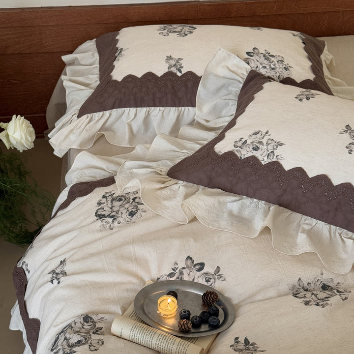 Baumwoll-Leinen Bettwäschegarnitur mit Vintage-Blumenprint, Volant und Rüschen