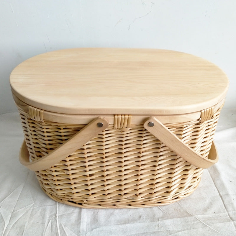 Damen Picknickkorb aus hochwertigem Naturmaterial mit robustem Holzdeckel Karnz