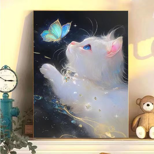 Verzaubernder Katzen- und Schmetterlings-Kunstdruck Karnz