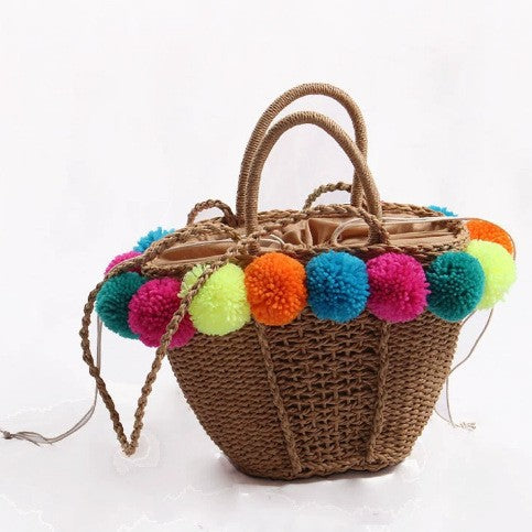 Damen Strandtasche mit bunten Pompons Karnz