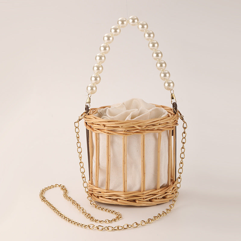 Damen elegante Korbtasche mit Perlenkette Karnz
