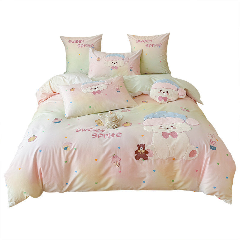 Plüsch Bestickte Baumwollsatin Cartoon Schaf Bettwäsche Set mit Dekokissen und Kissenbezügen