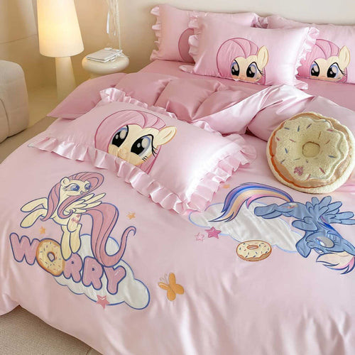 Cartoon Pony Rüsch Satin Bettbezugs Set
