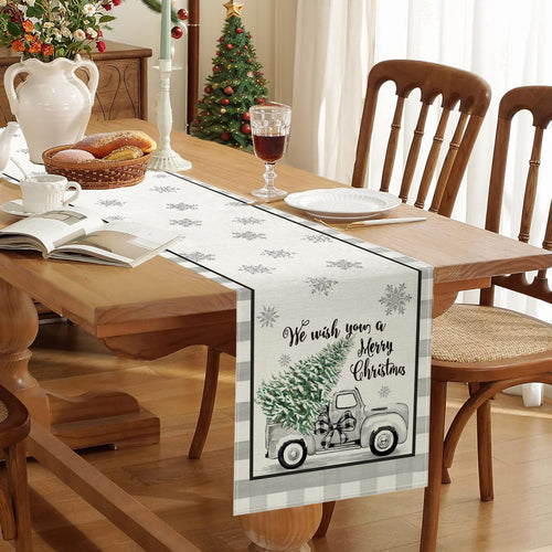 Festive Buffalo-Check Leinen-Textur Weihnachts Tischläufer mit Baum und Schaukelpferd Druck