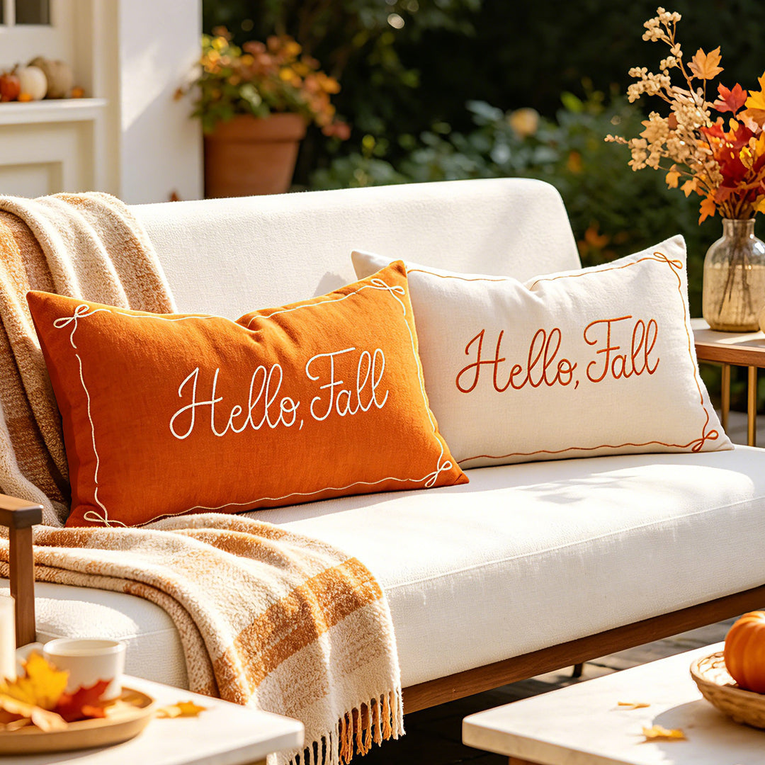 Bestickte Hello Fall Leinen-Optik Lendenkissenbezug