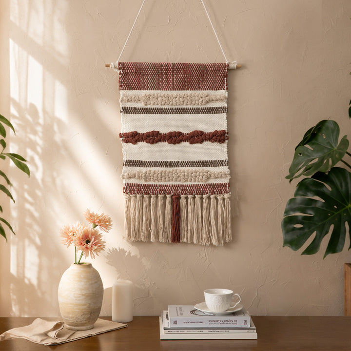 Boho-Wandbehang Makramee mit handgeknüpften Fransen und gewebten Zopfmustern Karnz