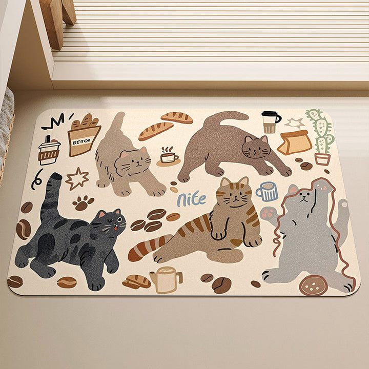 Low-Profile Microfiber Absorbent Floor Mat with Cute Cat & Coffee Illustrations