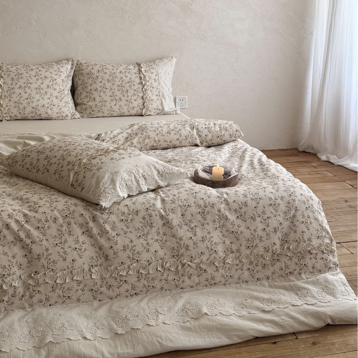 Rüsch Floral Leinen-Baumwolle Bettbezug Set mit Spitzenbesatz
