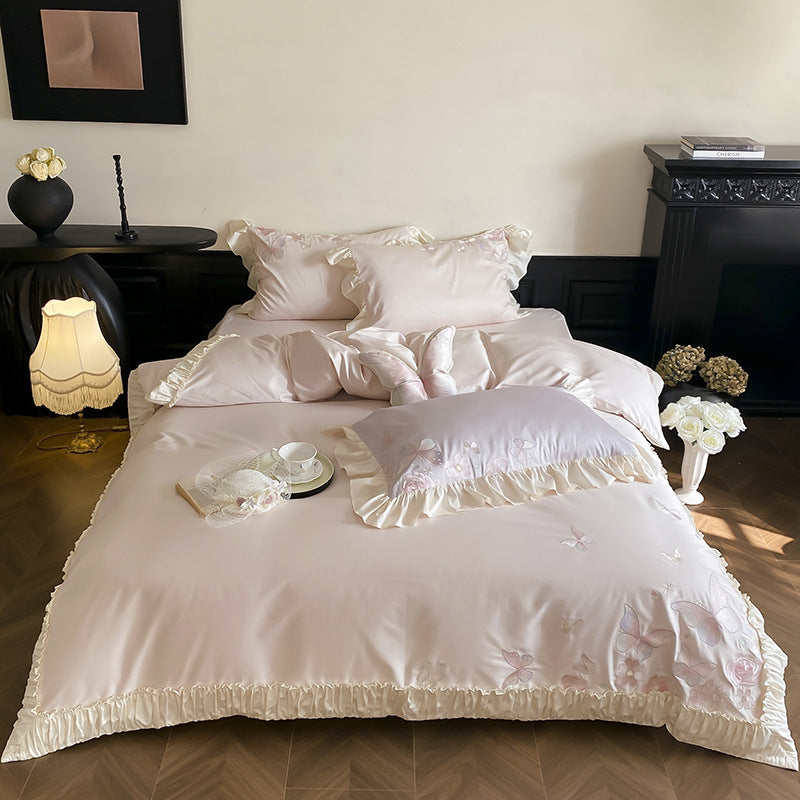 Luxus Rüschene Baumwoll-Satin Bettbezug Set mit bestickten Schmetterlings-Kissenbezügen