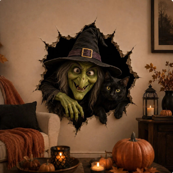 Dreidimensionaler Halloween-Wandsticker Hexe mit Loch-in-Wand-Effekt und Kürbislaterne