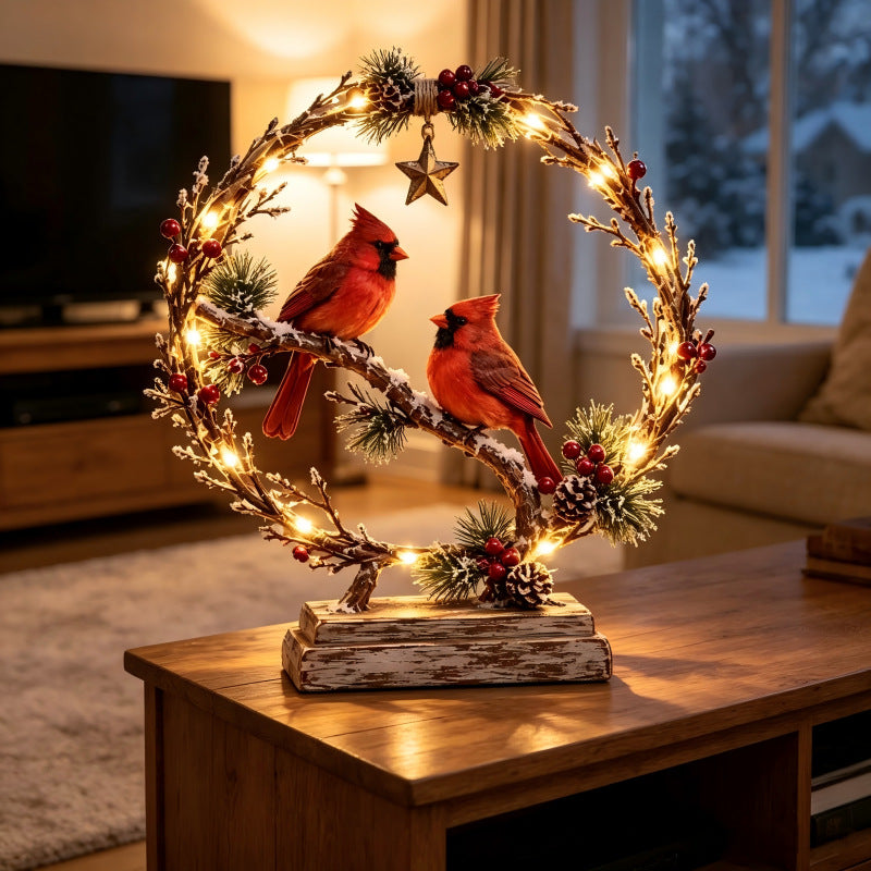 Dekorativer Weihnachtskranz mit Lichtern und Vögeln Karnz