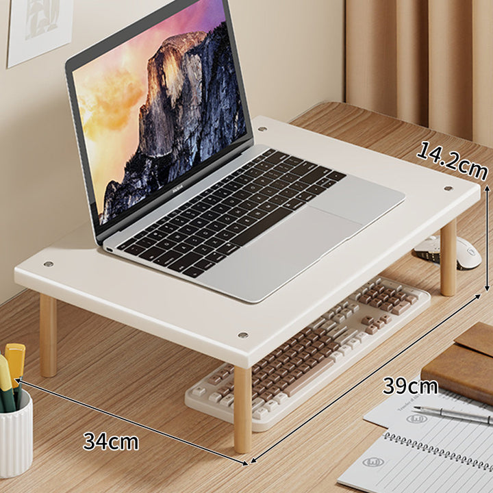 Kompakte Desktop-Laptop- und Monitorerhöhung mit Untertischstauraum und Holzbeinen