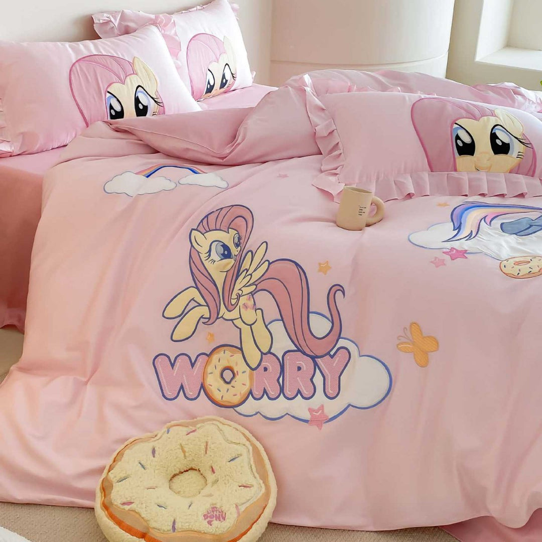 Cartoon Pony Rüsch Satin Bettbezugs Set