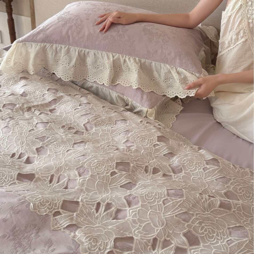 Ausschnitt Floral Bestickte Baumwolle Bettbezug Set mit Ösen Rüsche Kissenbezüge