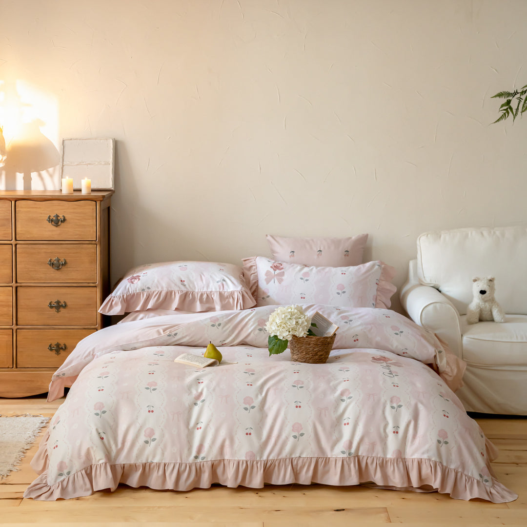 Rüschensatin-blumiges Kinder-Bettbezug-Set mit Kissenbezügen & dekorativem Kissen