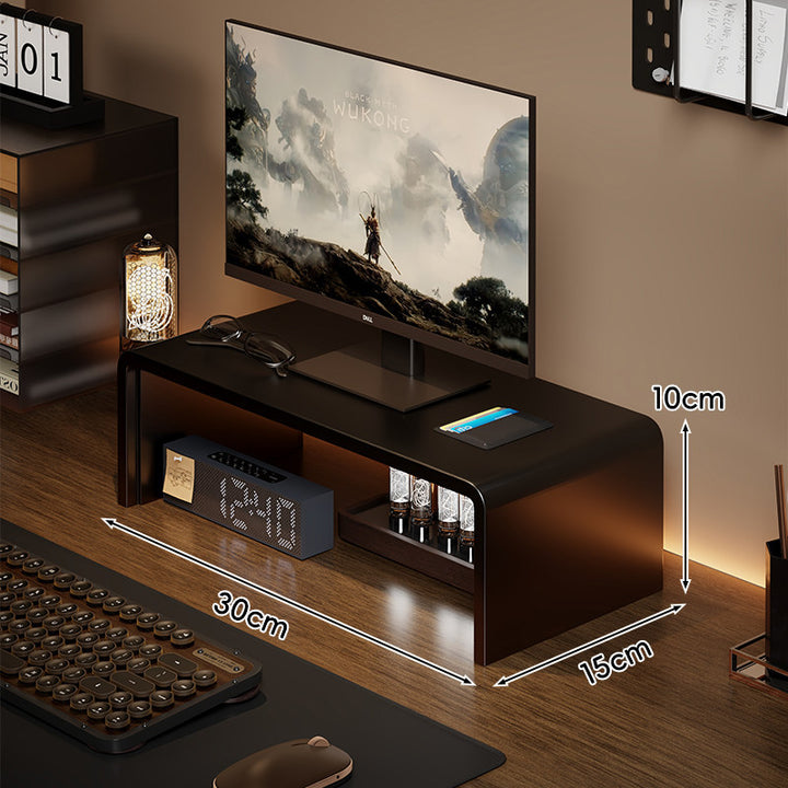 Niedrigprofilierte gebogene Desktop-Monitor-Plattform mit integriertem Unterregal-Organizer und ambienter Hintergrundbeleuchtung