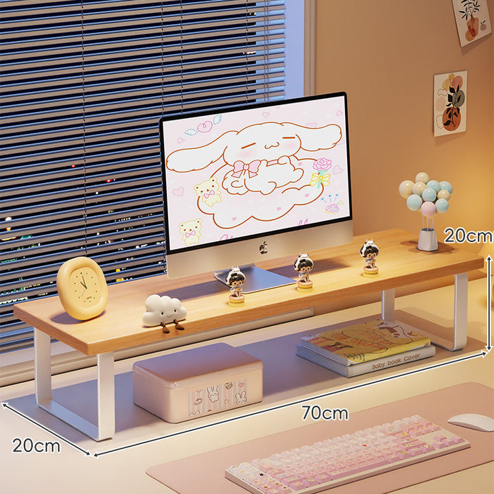 Kompakte Holz-Desktop-Monitorerhöhung mit Metallbeinen und unterer Ablagefläche