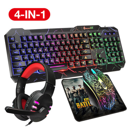 4-in-1 Gaming-Zubehörset mit beleuchteter Tastatur, Präzisionsmaus, Gaming-Headset und Mauspad Karnz