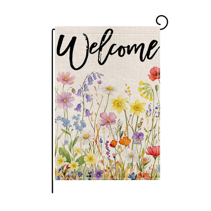Dekorative Jute-Textur Willkommen Gartenflagge mit Blumenkorb-Illustration