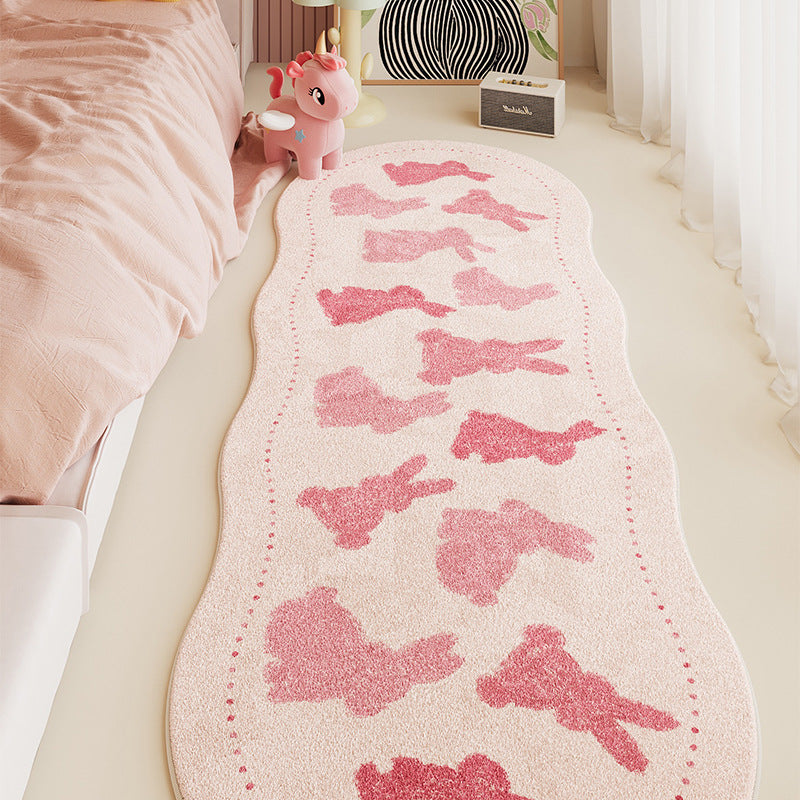 Children's Scalloped-Edge Plush Runner Rug with Pink Bunny Silhouette Pattern