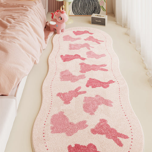 Children's Scalloped-Edge Plush Runner Rug with Pink Bunny Silhouette Pattern