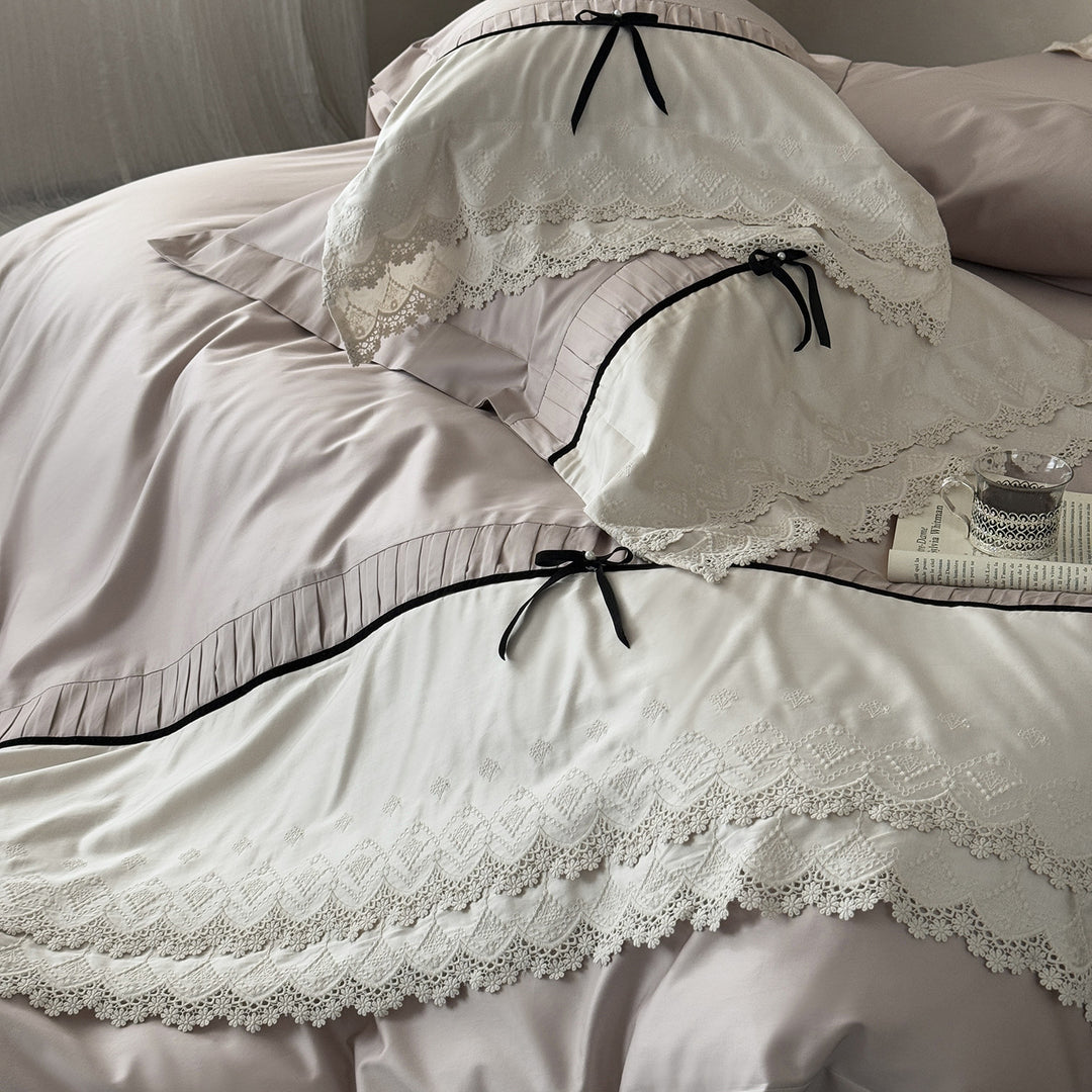 Romantic Lace-Trim Satin-Feel Duvet Cover Set with Bow-Tie Ribbon Accents