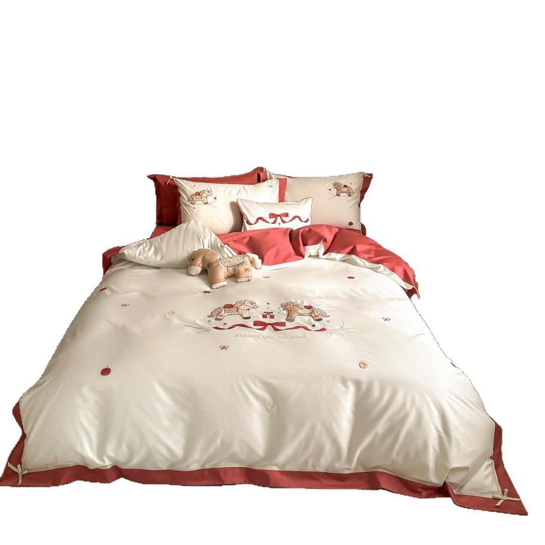 Satin-Bettwäsche-Set mit besticktem Schaukelpferd-Motiv