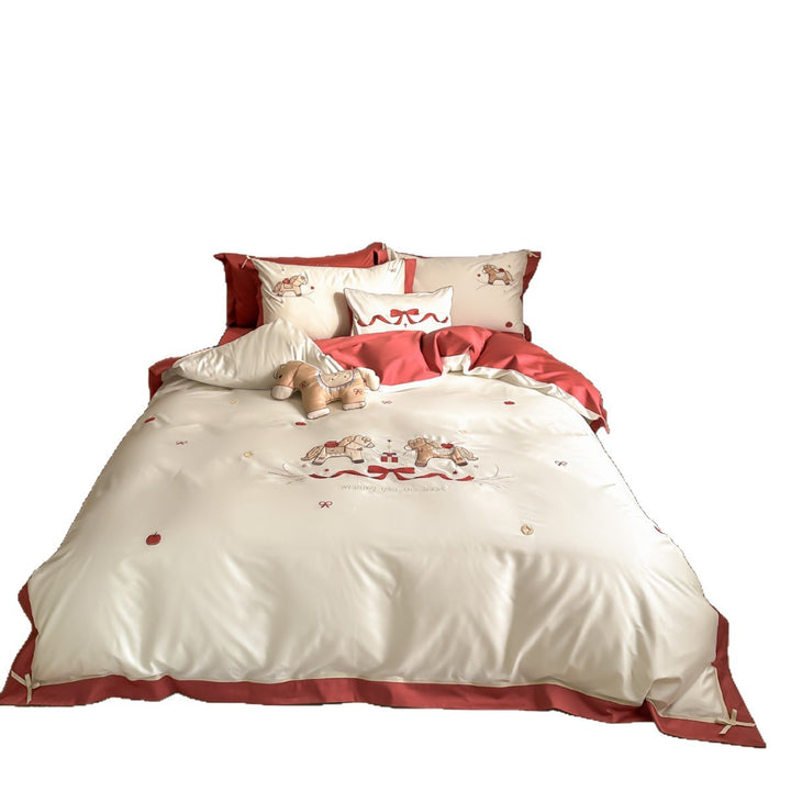 Satin-Bettwäsche-Set mit besticktem Schaukelpferd-Motiv
