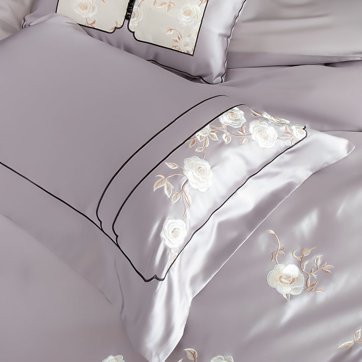Luxus Satin-Look Floral Bestickte Bettbezug-Set mit verstecktem Reißverschluss & Oxford Kissenbezügen