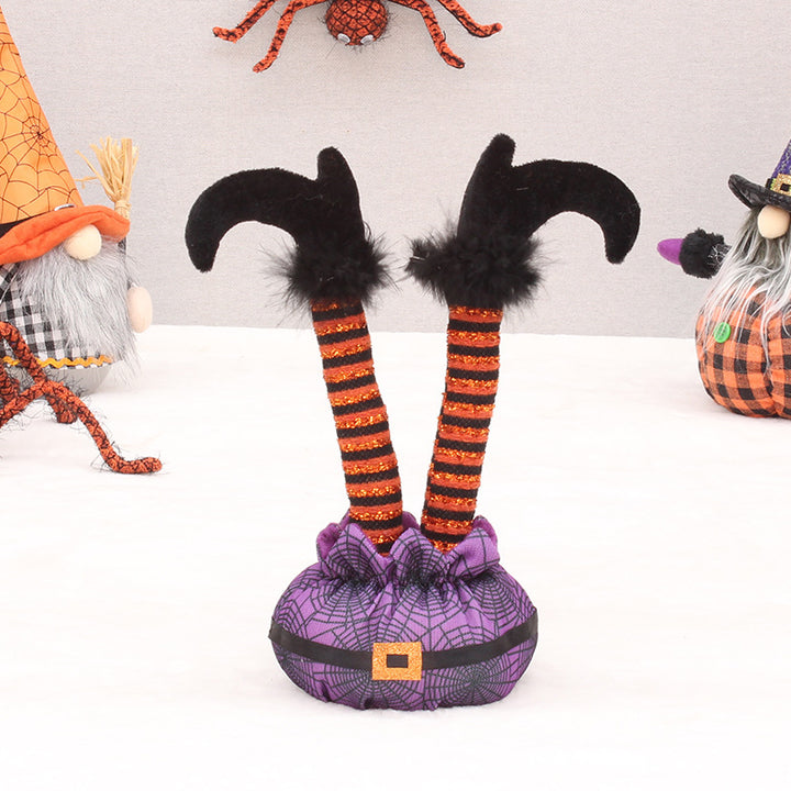 Skurrile Halloween-Tischfigur mit stehenden Hexenbeinen und Spinnennetz-Sack