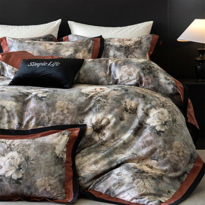 Luxuriöses Floral-Satin-Bettbezug-Set mit Randbesatz