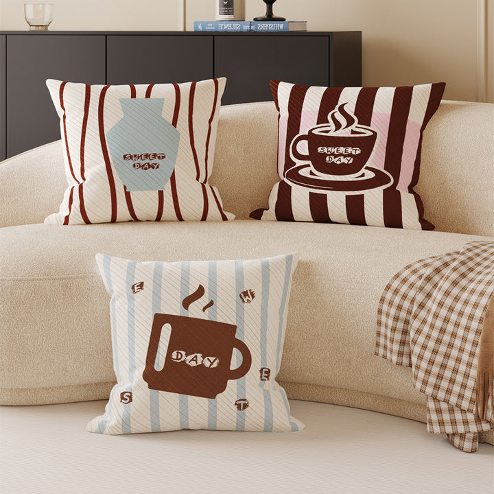 Decorative Square Throw Pillow Cover with Coffee Mug Graphic and Striped Jacquard Texture