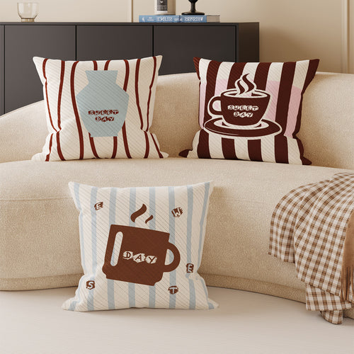 Decorative Square Throw Pillow Cover with Coffee Mug Graphic and Striped Jacquard Texture