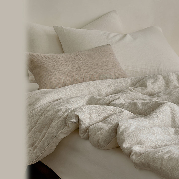 Textured Cotton Sateen Duvet Cover Set with Subtle Floral Jacquard and Button Closure