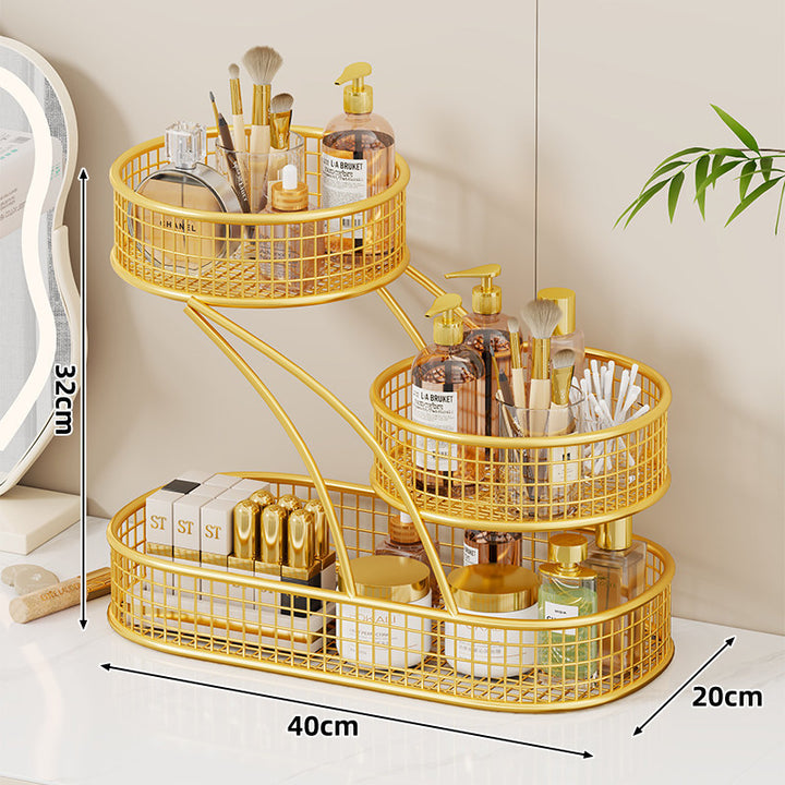 Dreischichtiger Mesh-Vanity- und Arbeitsplatten-Organizer mit integriertem Taschentuchslot und Metallgitterkörben