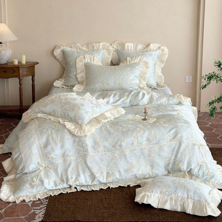Gerüschtes Jacquard Floral Satin-Besatz Bettwäsche-Set mit Kissenbezug